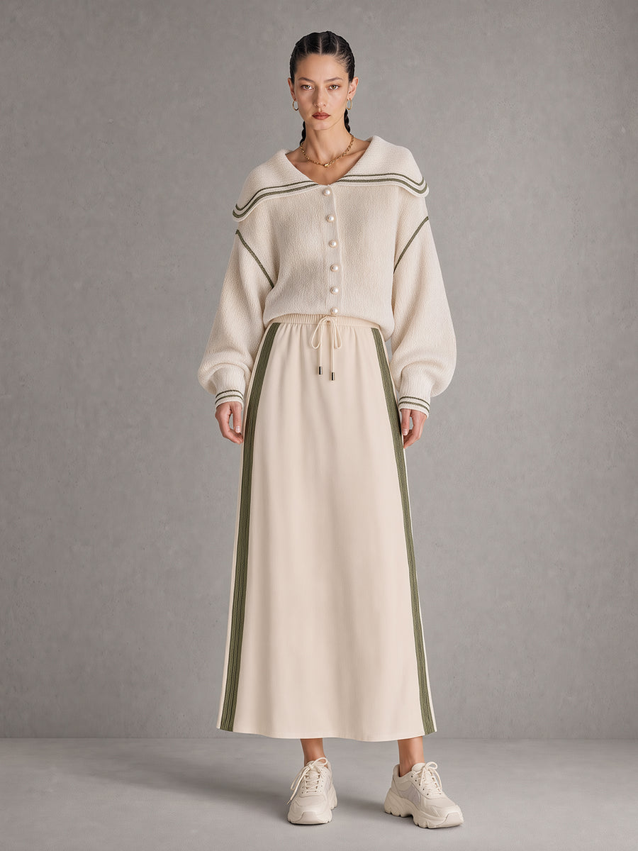 Cream Sailor Collar Knit Sweater & Stripe Midi Skirt Set