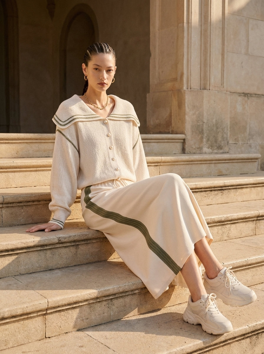 Cream Sailor Collar Knit Sweater & Stripe Midi Skirt Set