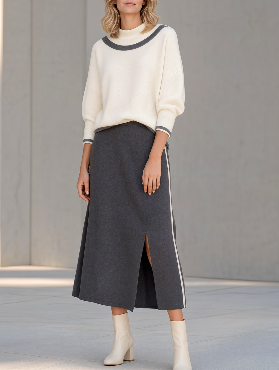 Off-white Loose-fit Knit Sweater And Slit Skirt Set