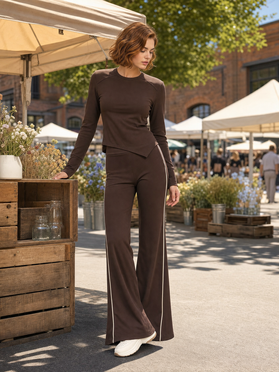 Brown T-shirt With A Stylish Design And Flared Trousers Set