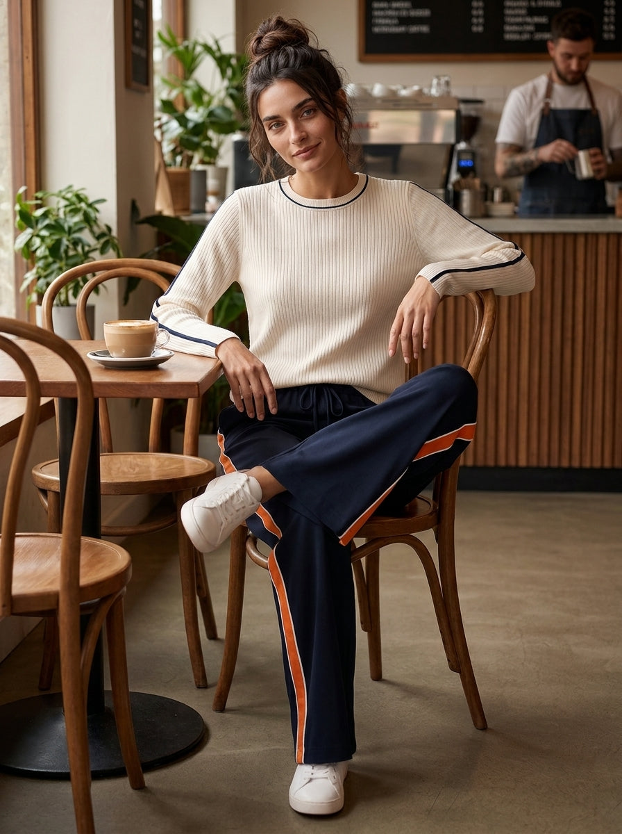 Cream Ribbed Crewneck Knit Top & Navy Orange Side‑Stripe Wide‑Leg Drawstring Pants Set