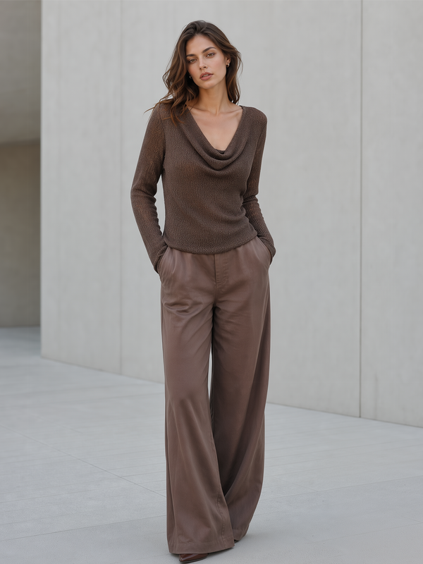 Oatmeal-colored Cable-knit V-neck Color-block Sweater And Side-tape Wide-leg Pants Set