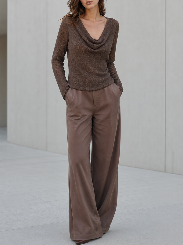 Oatmeal-colored Cable-knit V-neck Color-block Sweater And Side-tape Wide-leg Pants Set