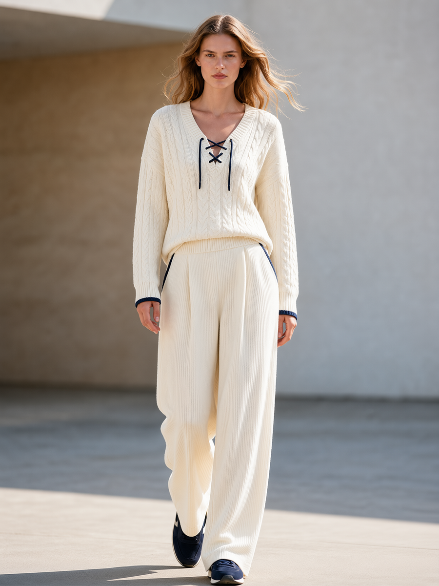 Off‑White V‑Neck Lace‑Up Cable Knit Top Navy Contrast Trim Wide Leg Pants Set