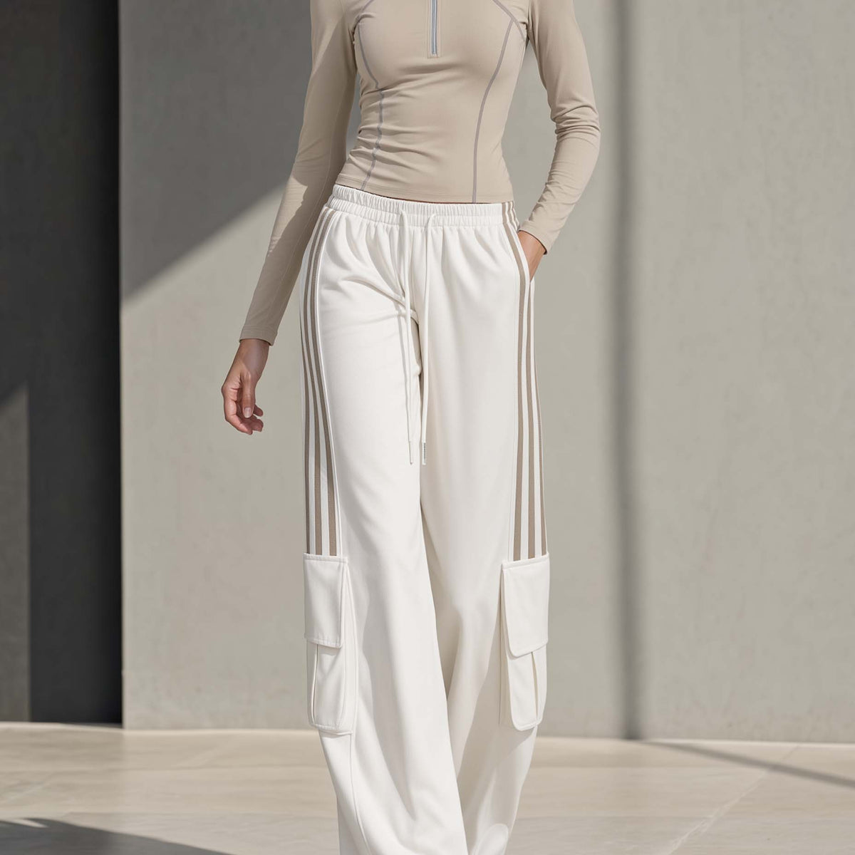 Athleisure-style Khaki Slim-fit Long-sleeve Half-zip Top And Trendy Wide-leg Pants Set