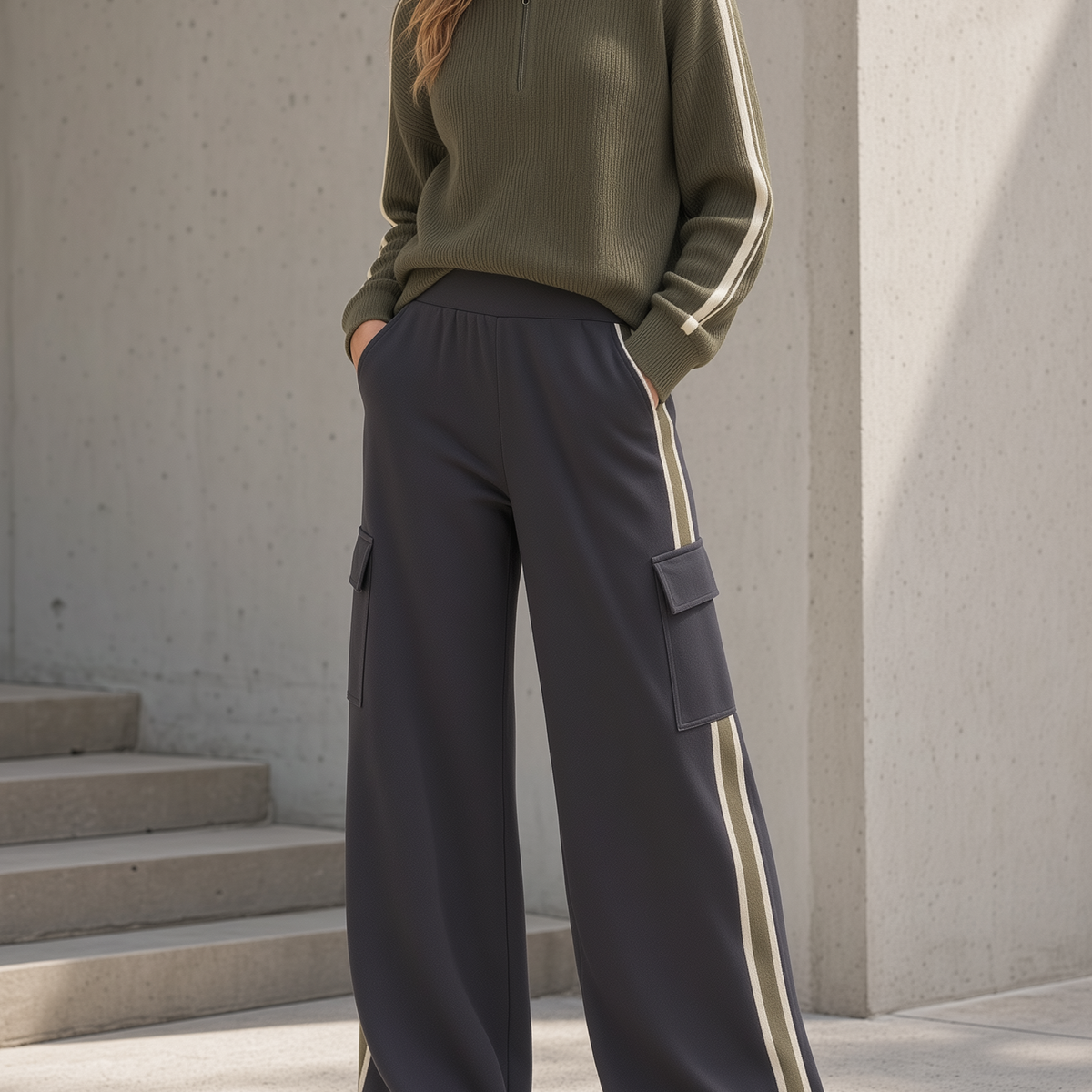 Army Green Half-zip Knit Sweatshirt And Wide-leg Utility Trousers Set