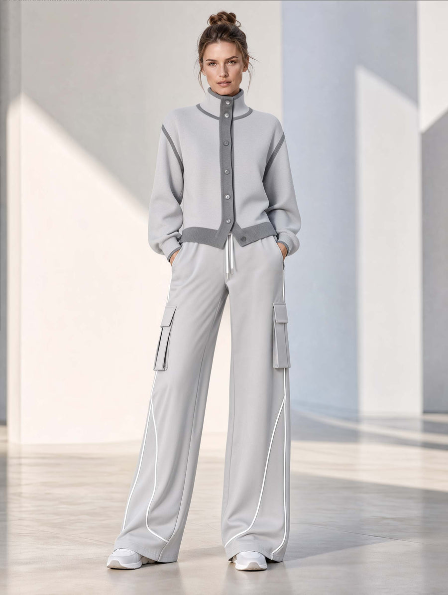 Grey-toned Single-breasted Long-sleeve Top And Utility-style Wide-leg Trousers Set
