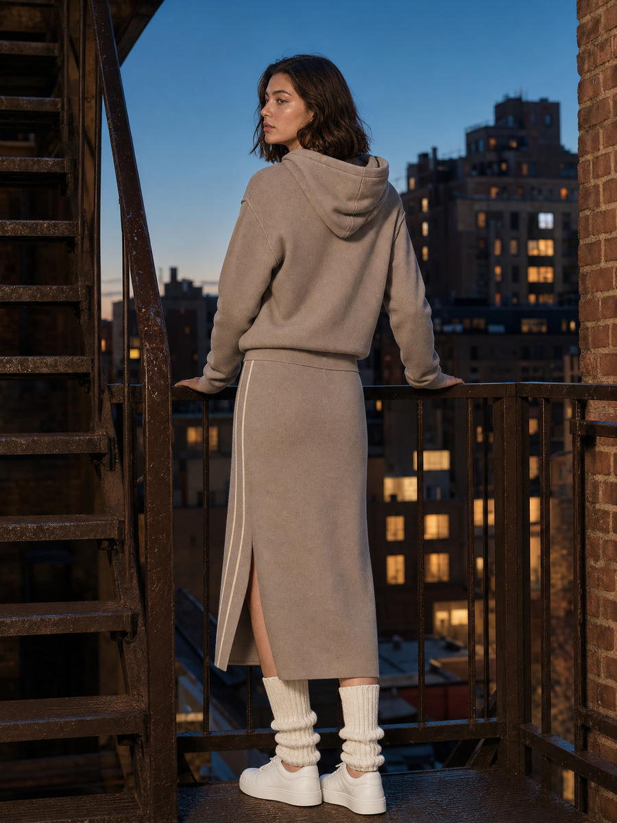 Stylish Half-Zip Hoodie And Side-Slit Skirt Set
