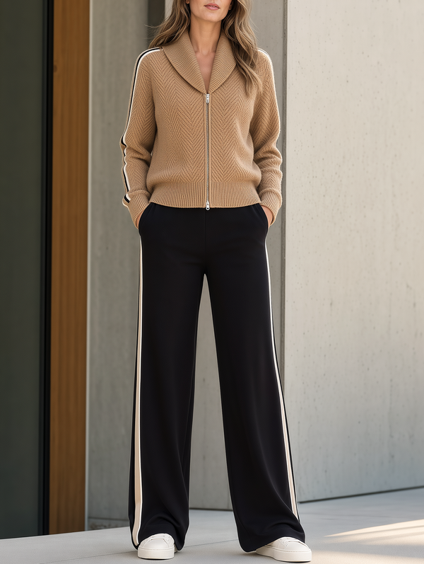 Camel Herringbone Knit Cardigan And Wide-leg Trousers Set