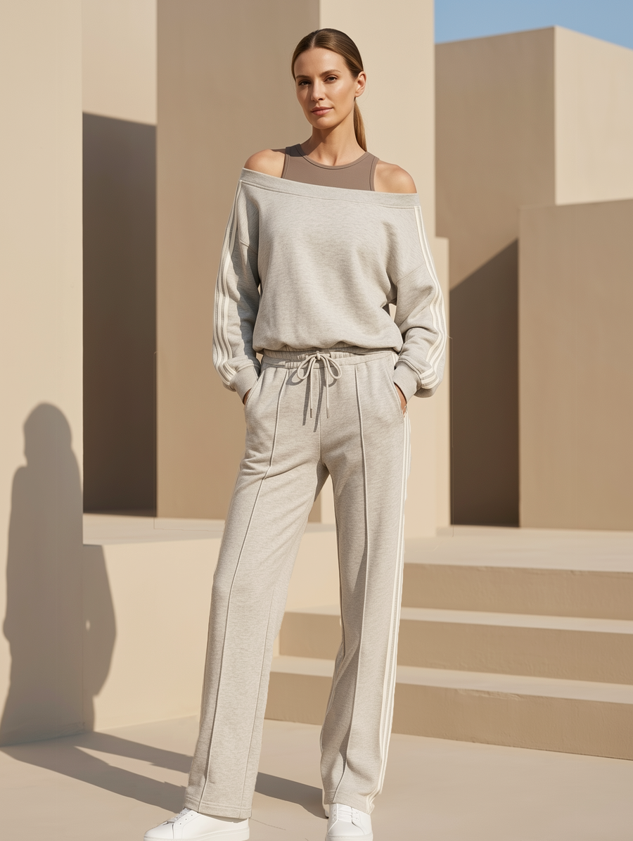 Grey Off-the-shoulder Sweatshirt And Straight-leg Trousers Set