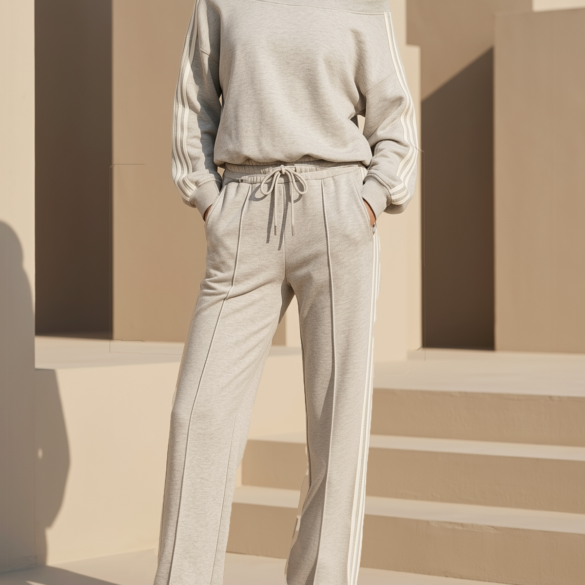 Grey Off-the-shoulder Sweatshirt And Straight-leg Trousers Set