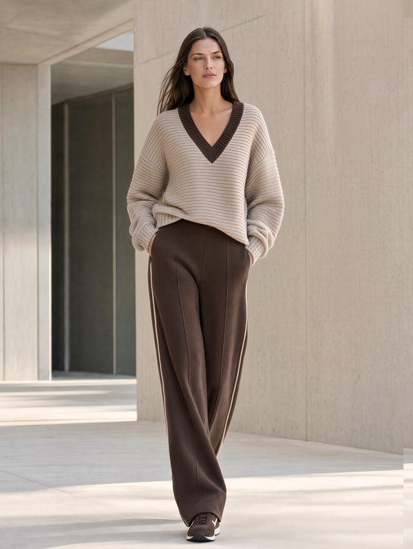 Khaki And Dark Brown Color-Block Sweater And Wide-Leg Pants Set