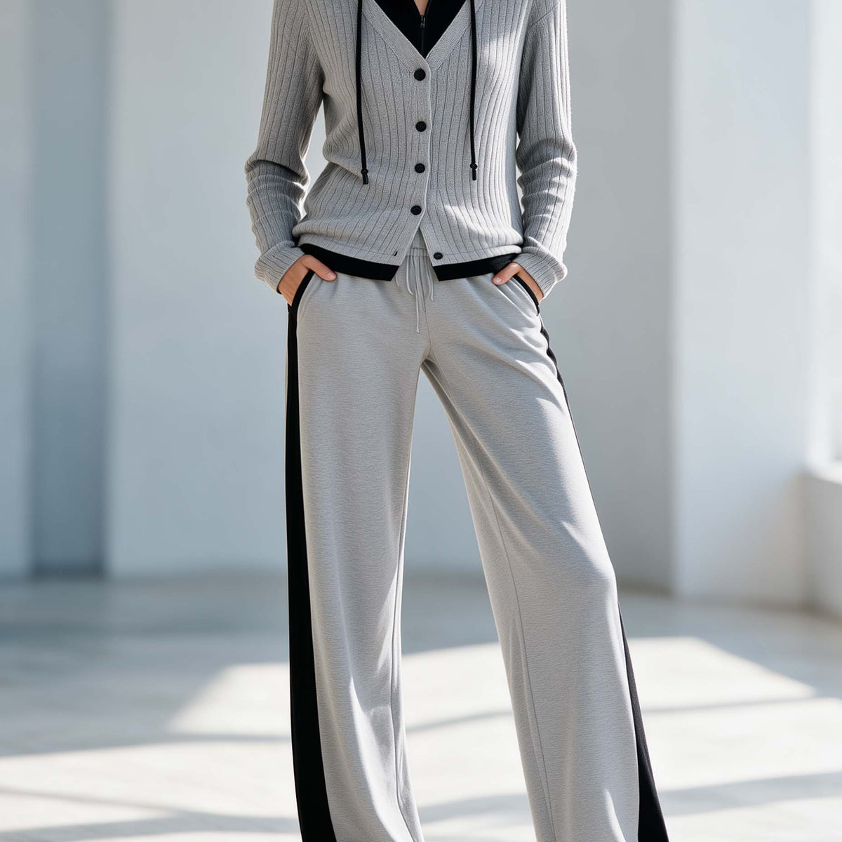 Grey And Black Color-blocked "faux-layered" Hooded Top And Wide-leg Pants Set