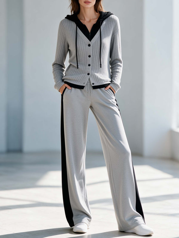 Grey And Black Color-blocked "faux-layered" Hooded Top And Wide-leg Pants Set