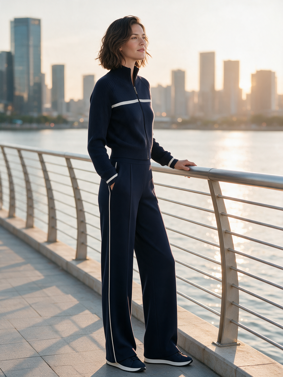 Navy Blue Knitted Zip-up Jacket And Wide-leg Trousers Set