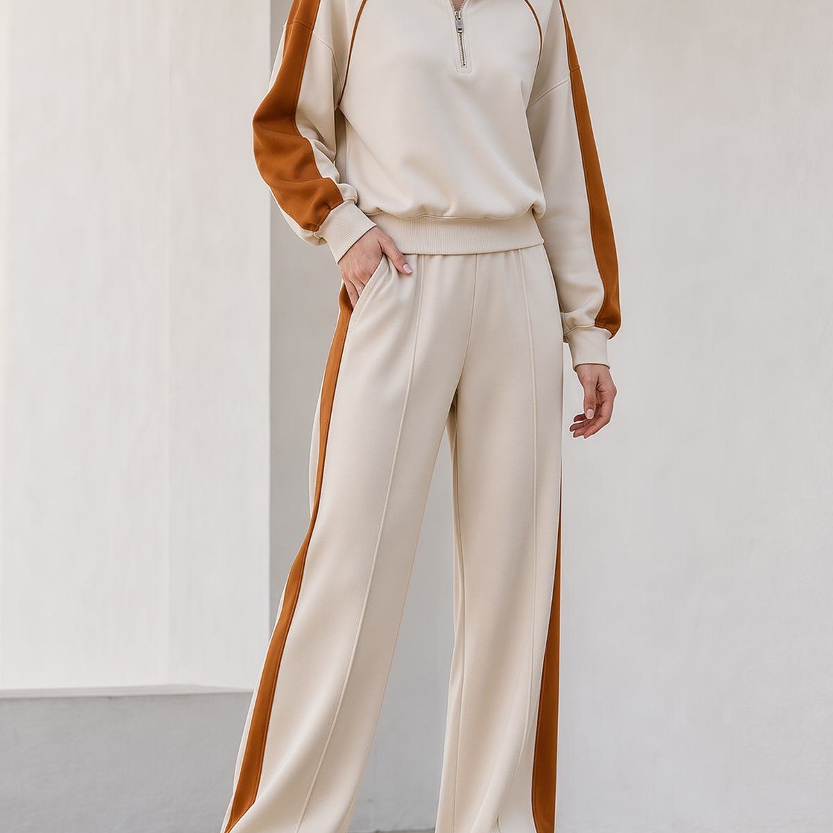 Cream Caramel Raglan Half‑Zip Collar Sweatshirt Side Contrast Wide Leg Pants Set