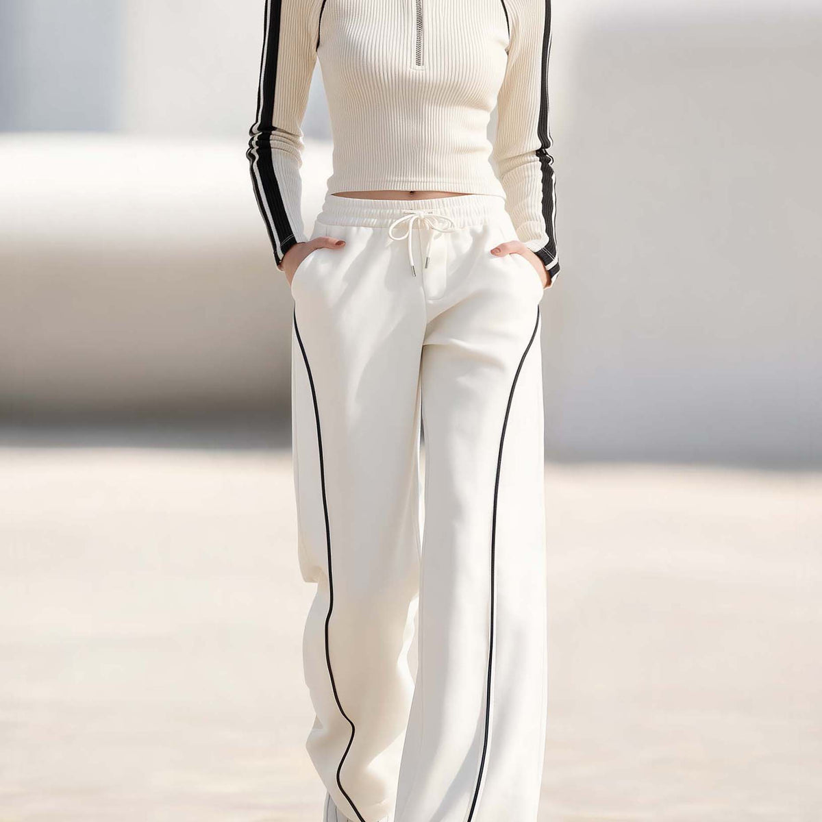 Fitted Off-white Ribbed Color-block Half-zip Top And Sporty Wide-leg Pants Set