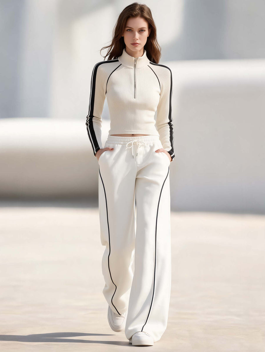 Fitted Off-white Ribbed Color-block Half-zip Top And Sporty Wide-leg Pants Set