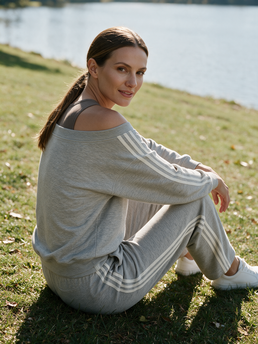 Grey Off-the-shoulder Sweatshirt And Straight-leg Trousers Set
