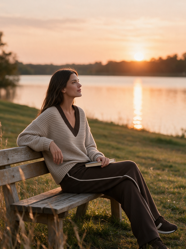 Khaki And Dark Brown Color-Block Sweater And Wide-Leg Pants Set