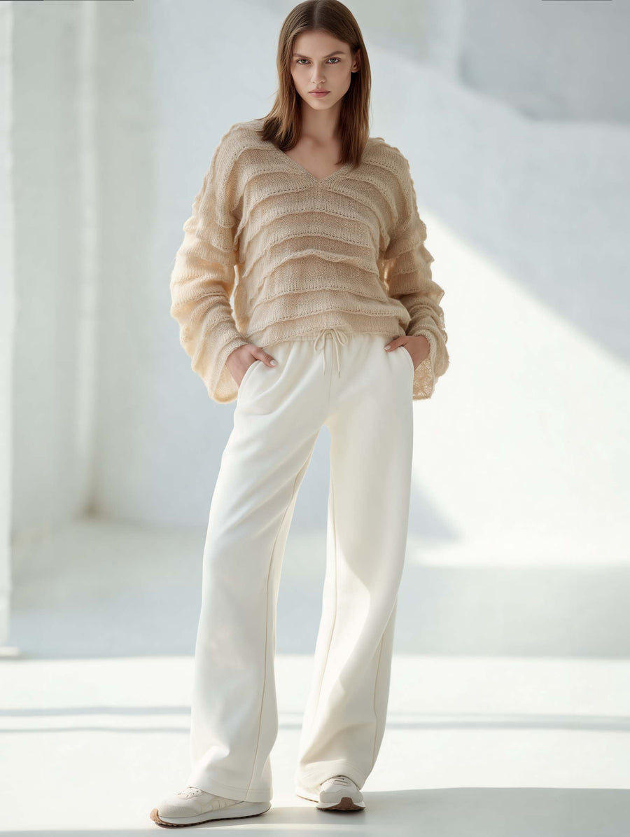 Stylish Relaxed-fit Khaki V-neck Long-sleeve Sweater With Ruffled Detailing