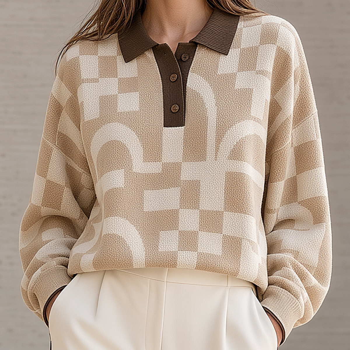 Loose-fit Geometric Plaid Knit Polo Shirt