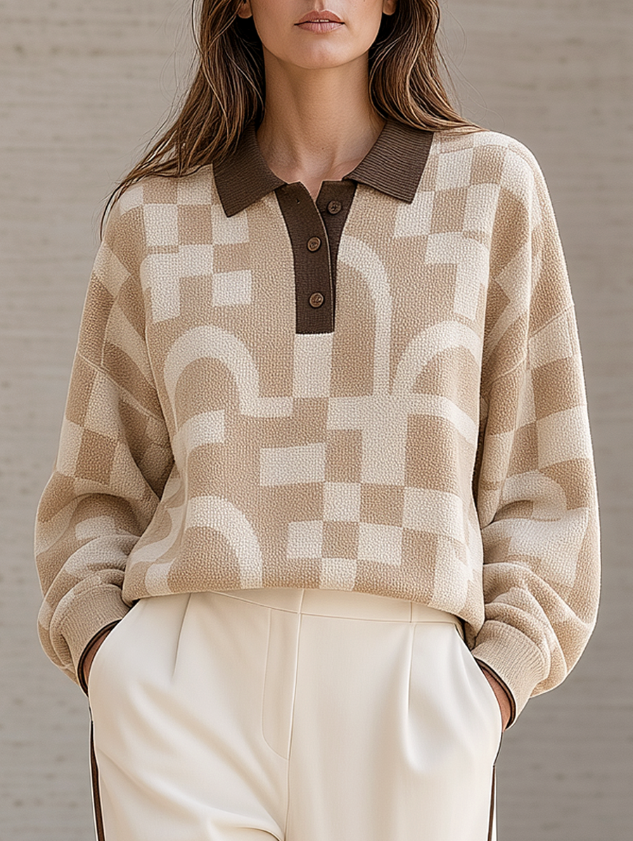 Loose-fit Geometric Plaid Knit Polo Shirt