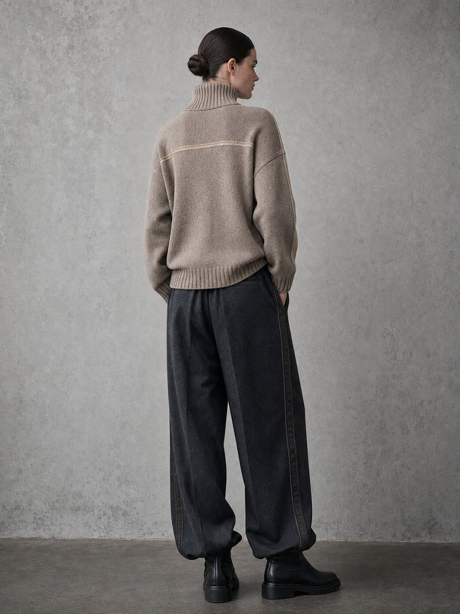 Oatmeal Retro Abstract Intarsia Half-Zip Chunky Knit Sweater