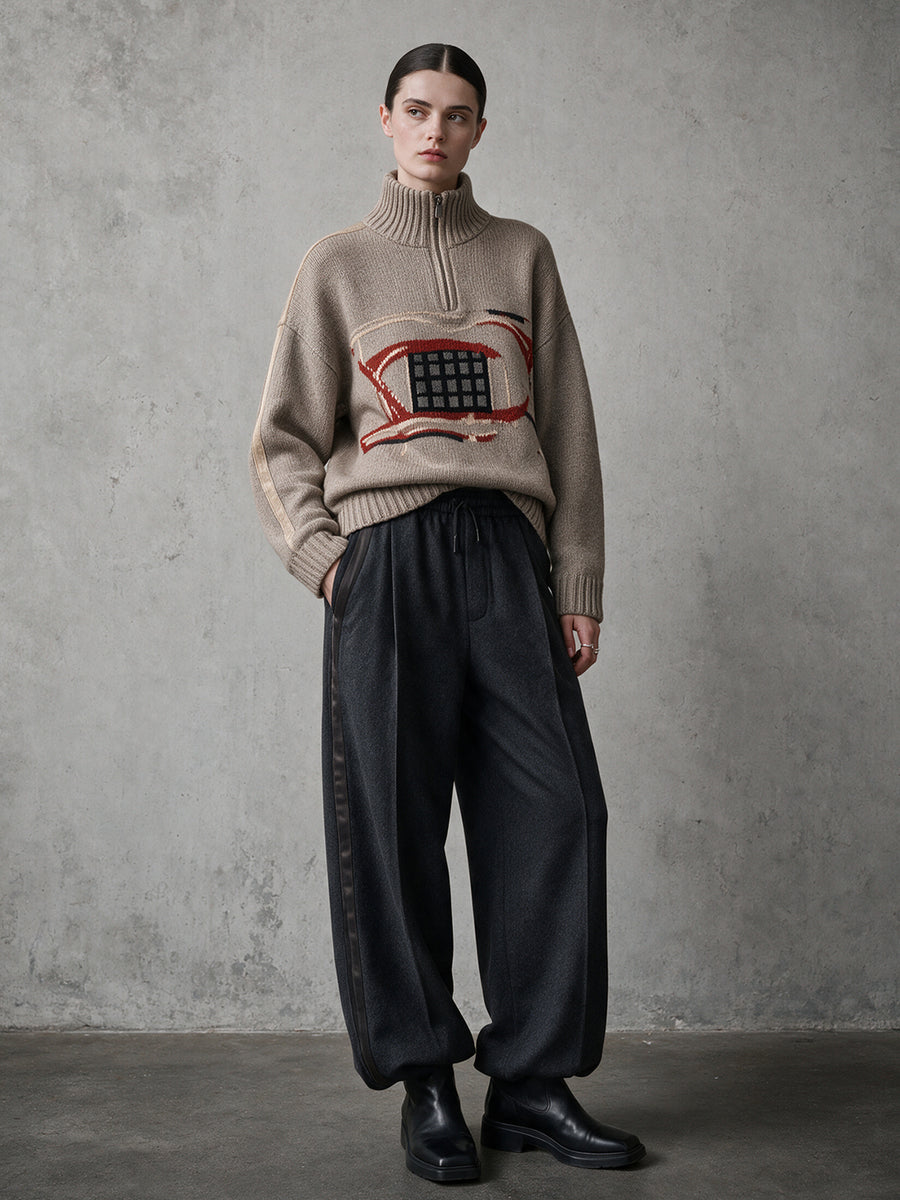 Oatmeal Retro Abstract Intarsia Half-Zip Chunky Knit Sweater