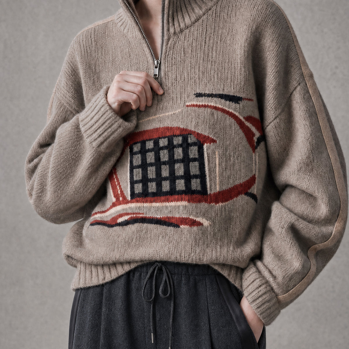 Oatmeal Retro Abstract Intarsia Half-Zip Chunky Knit Sweater