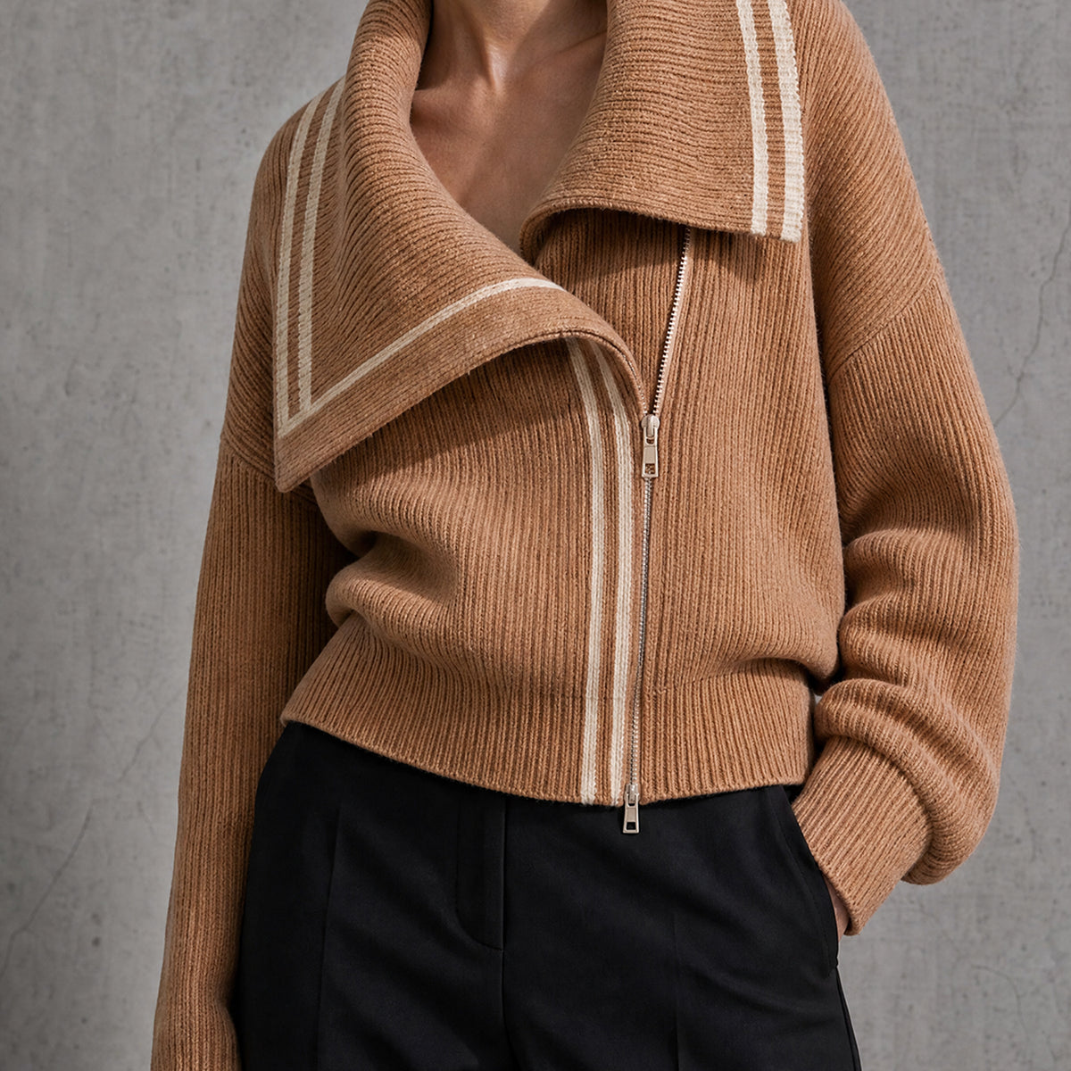 Camel Asymmetric-Zip Wide-Collar Ribbed Knit Cardigan Jacket