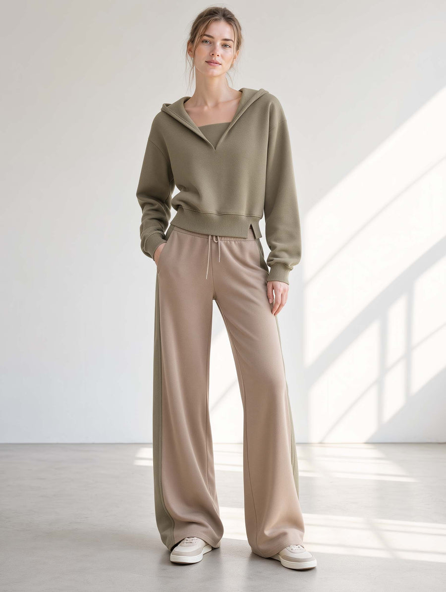 Khaki-green Long-sleeve Hooded Sweatshirt And Khaki Color-block Trousers Set