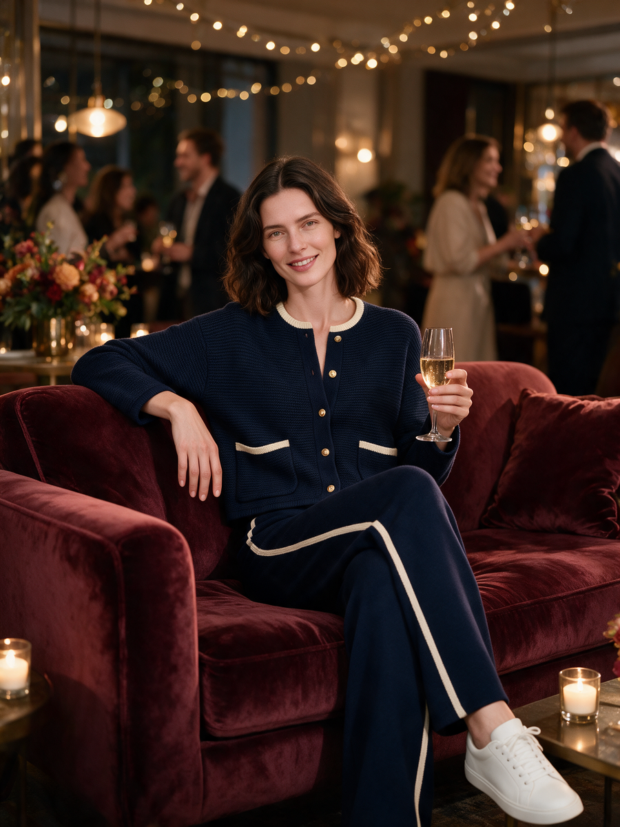 Navy Knit Cardigan With Gold Buttons And Contrasting Trim