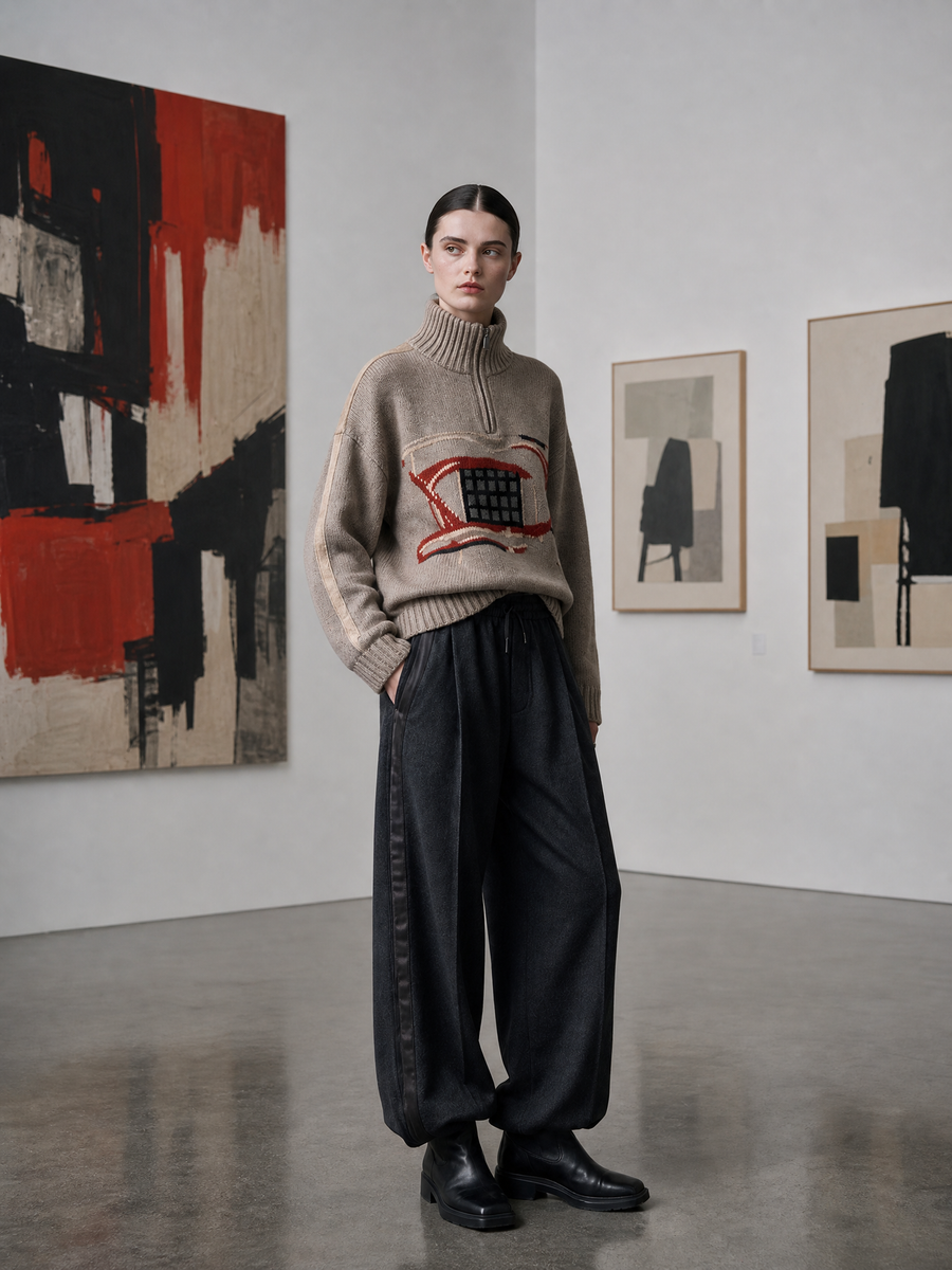 Oatmeal Retro Abstract Intarsia Half-Zip Chunky Knit Sweater
