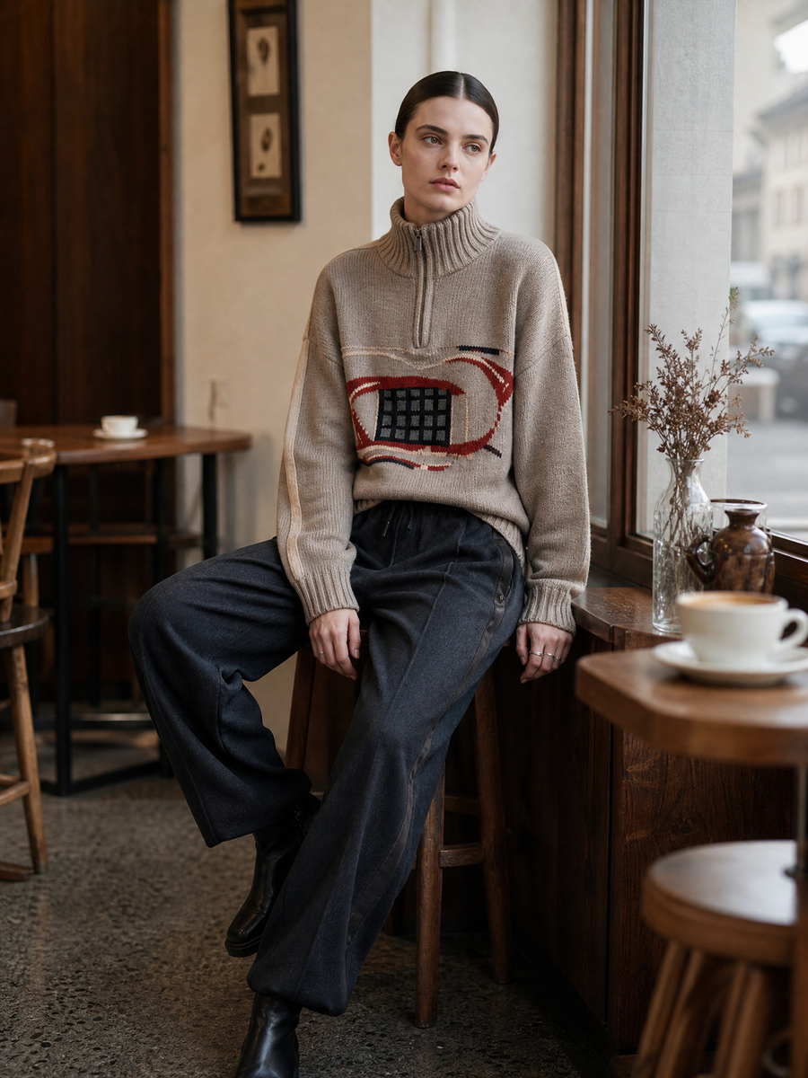Oatmeal Retro Abstract Intarsia Half-Zip Chunky Knit Sweater