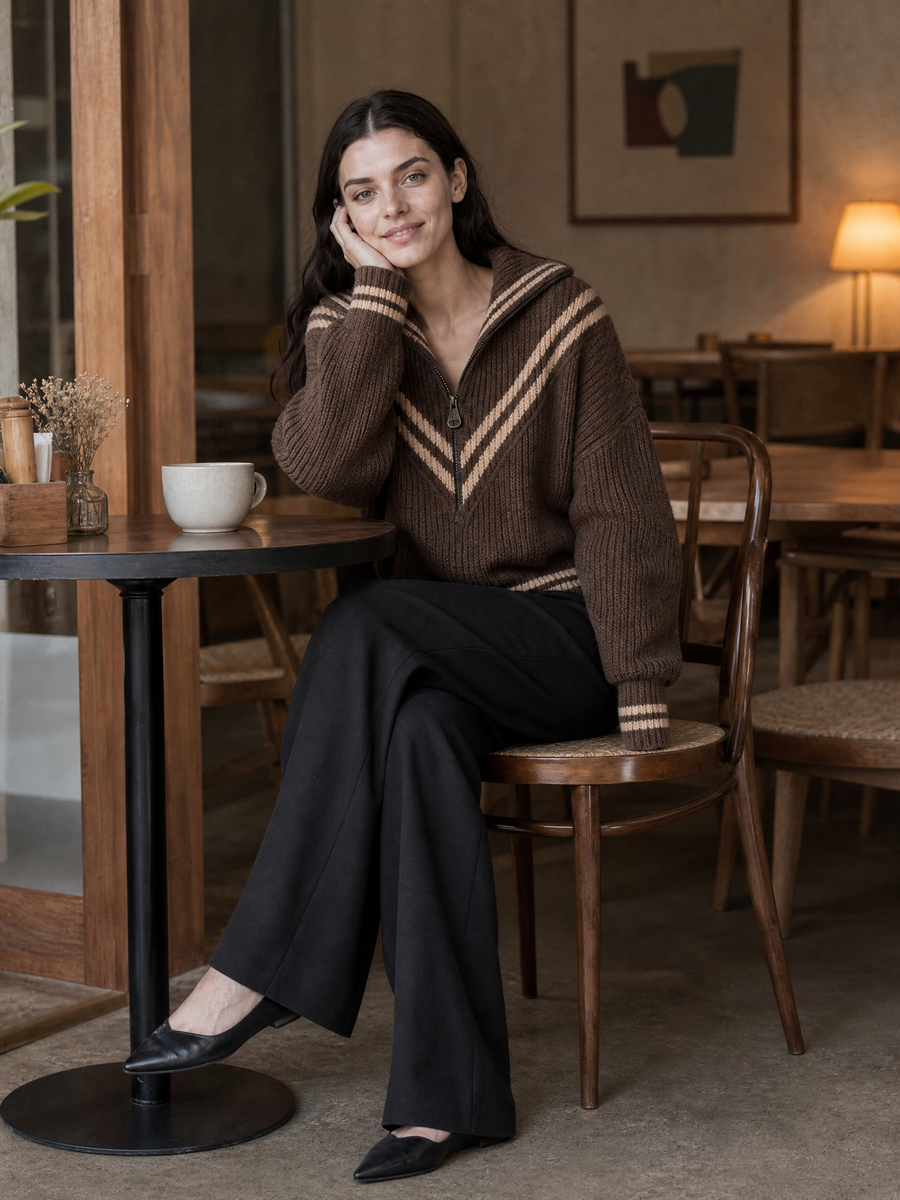Mocha Brown V-Stripe Half-Zip Wide-Collar Oversized Knit Sweater