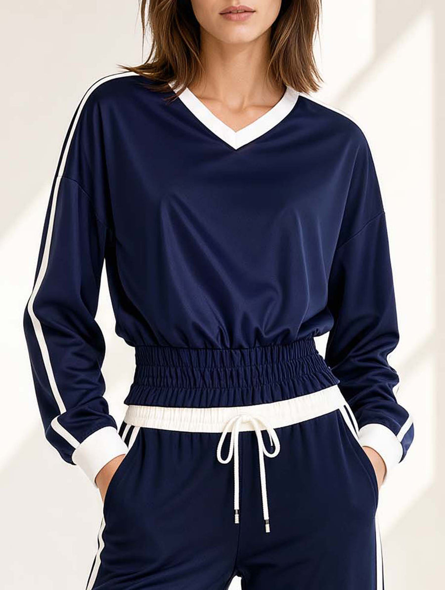 Stylish Navy Blue V-neck Color-block Long-sleeve Fitted Top