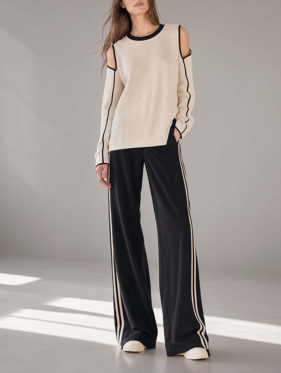 Stylish Off-the-shoulder Oatmeal Color-block Long-sleeve Top And Black Wide-leg Trousers Set