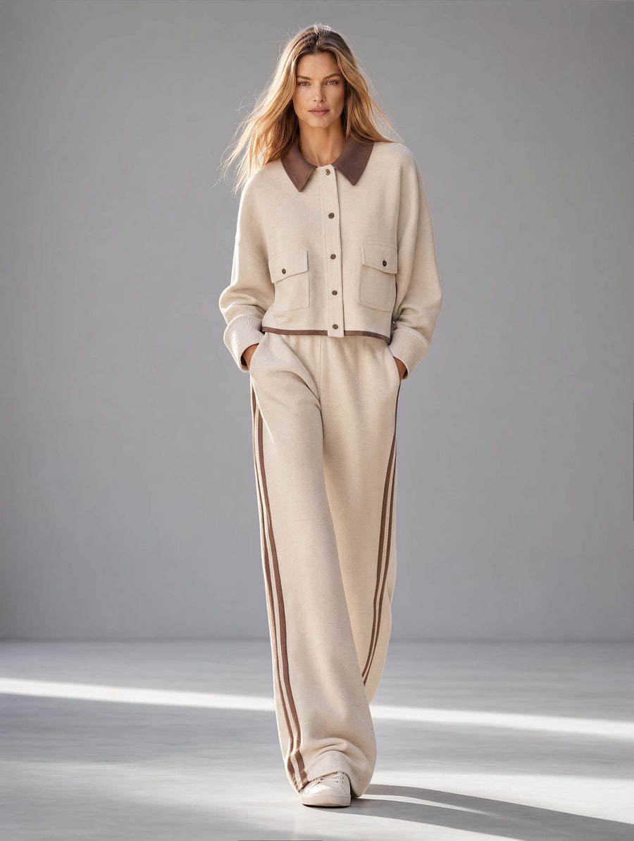 Stylish Khaki Single-breasted Long-sleeve Top And Trousers Set With A Lapel Collar