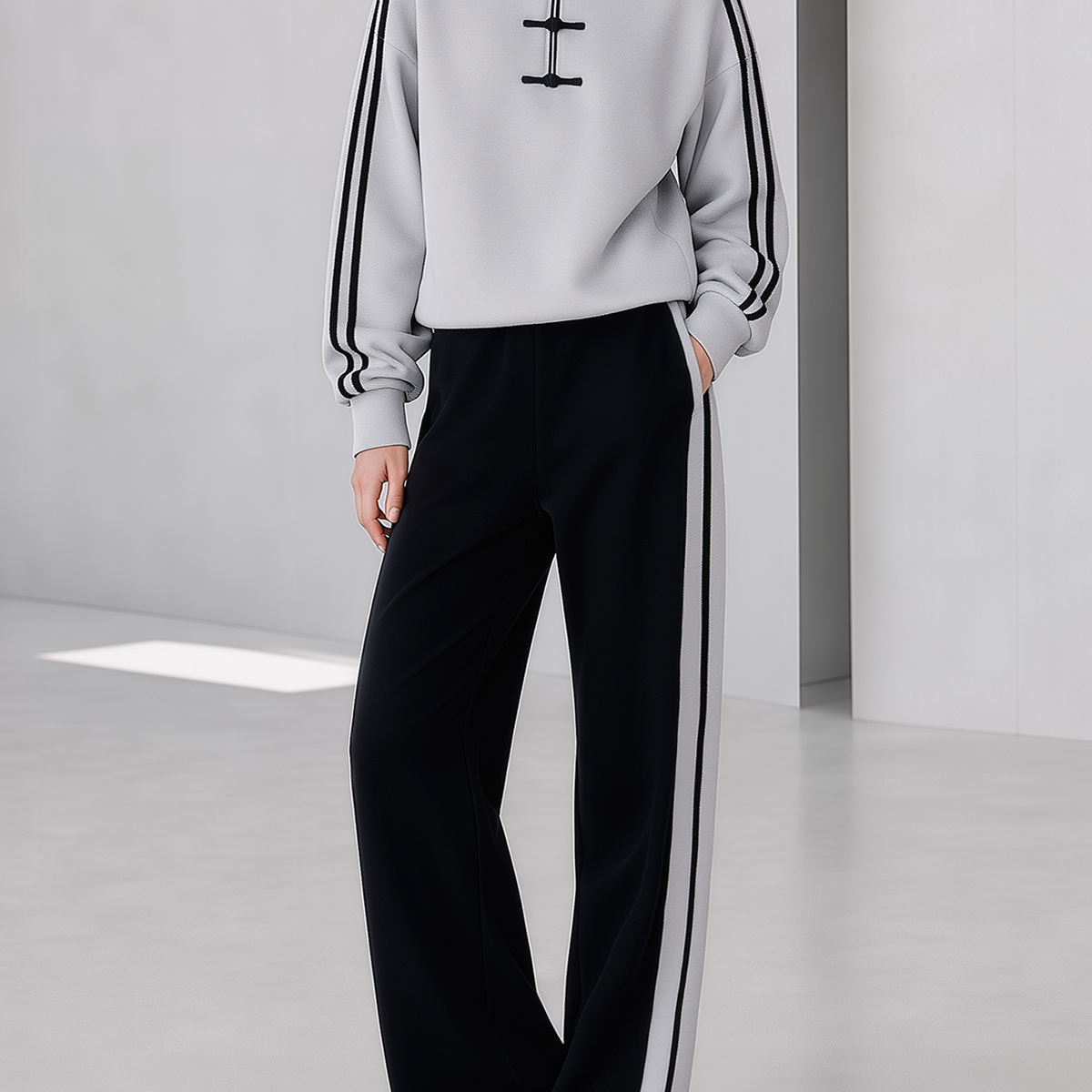 Light Grey Half-zip Top With Contrasting Frog-button Details And Wide-leg Trousers Set