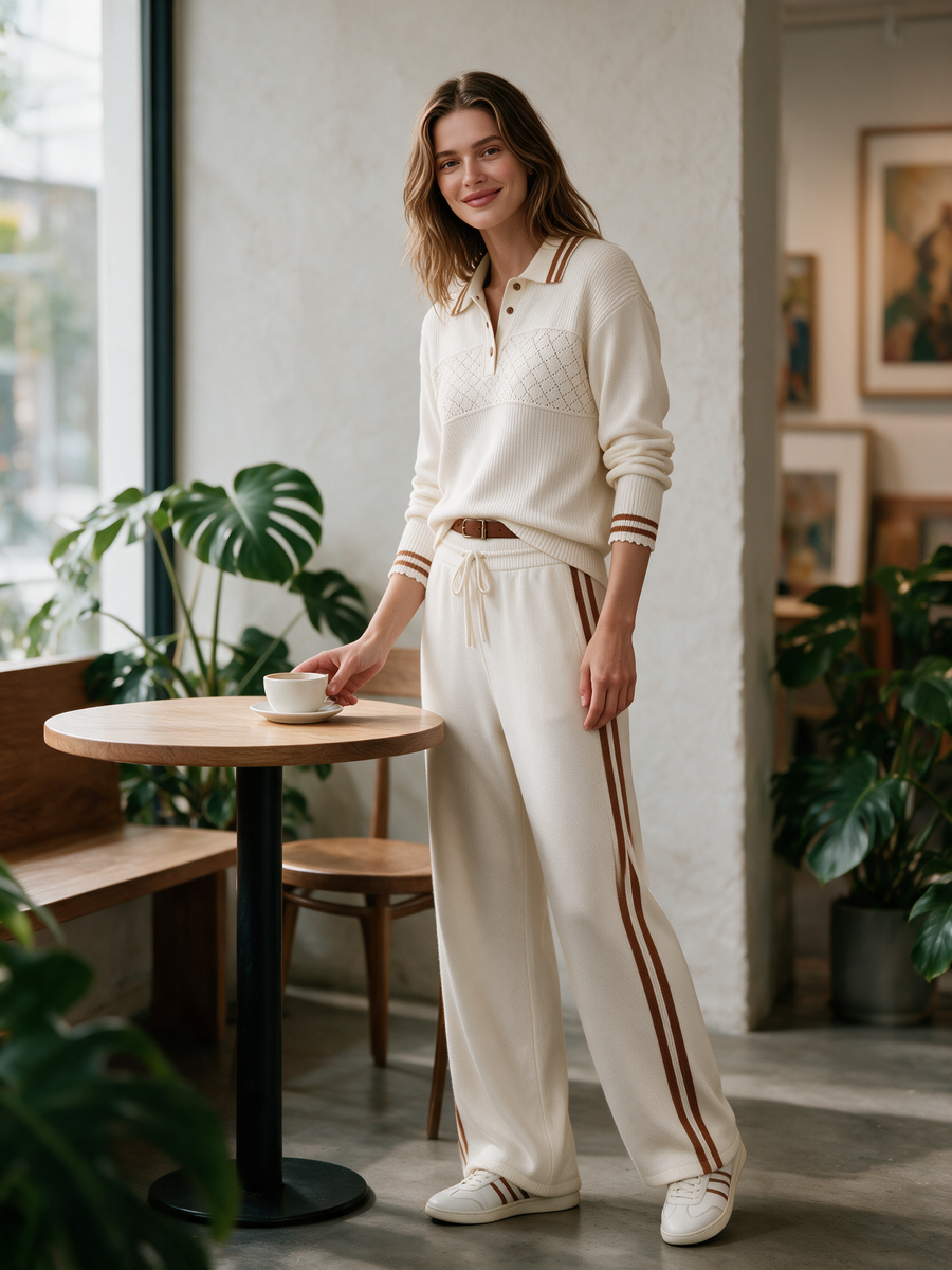 Ivory Polo Knit Sweater & Wide-Leg Pants Set