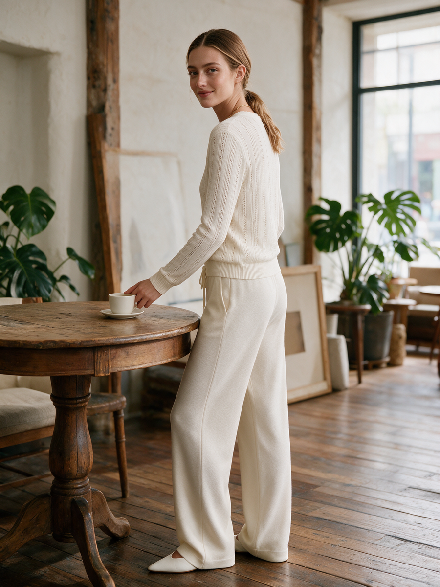 Ivory Polo Knit Sweater & Wide-Leg Pants Set