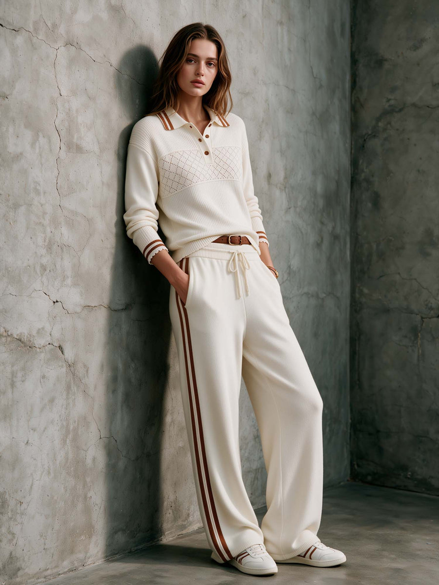 Ivory Polo Knit Sweater & Wide-Leg Pants Set