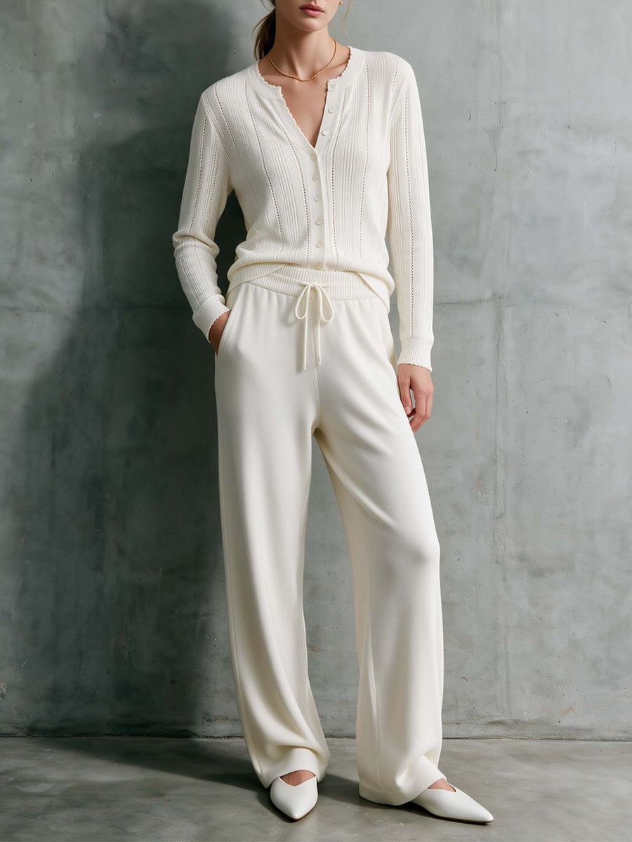 Ivory Polo Knit Sweater & Wide-Leg Pants Set