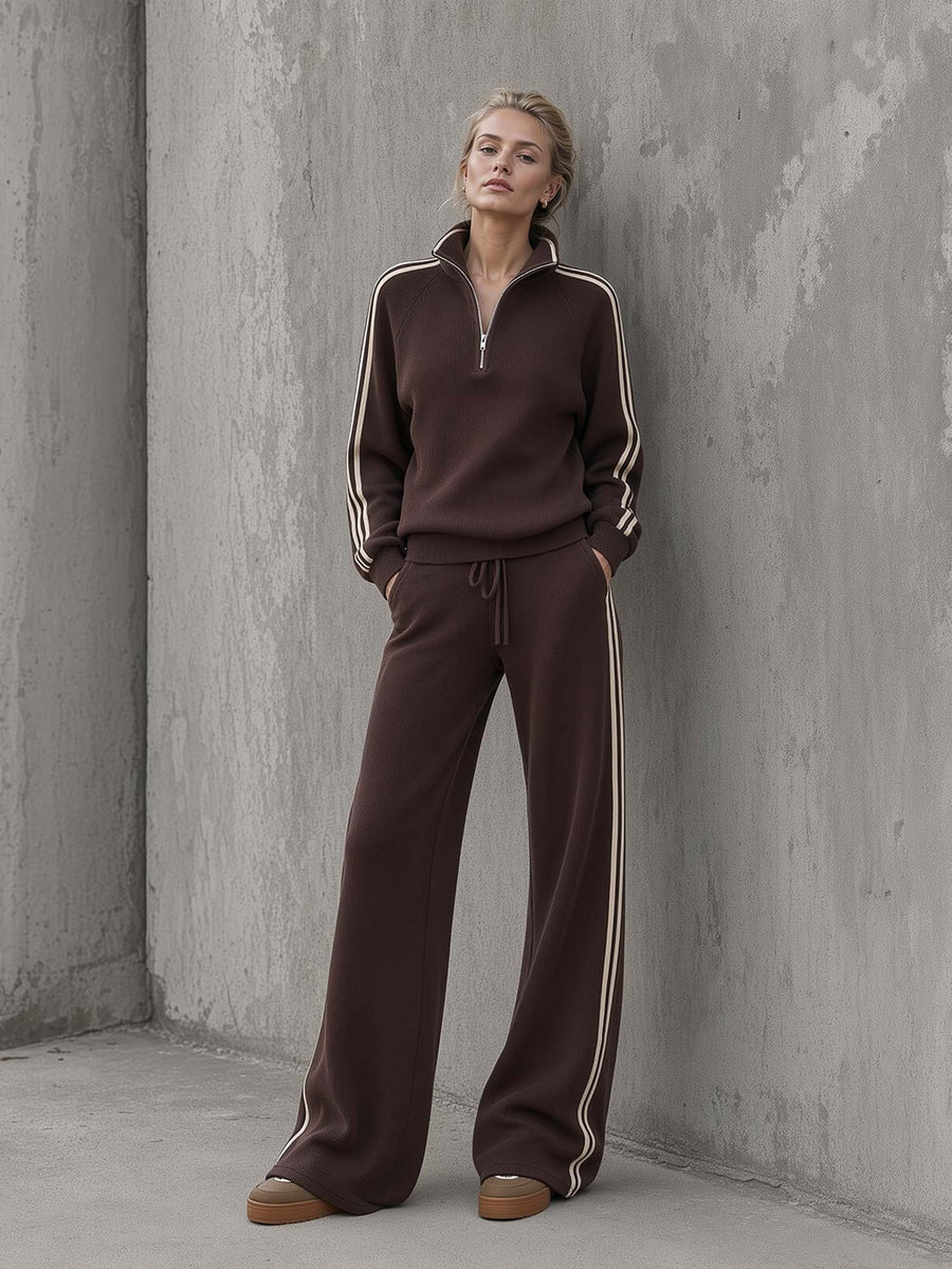 Espresso Half-Zip Knit Top & Wide-Leg Pant Set