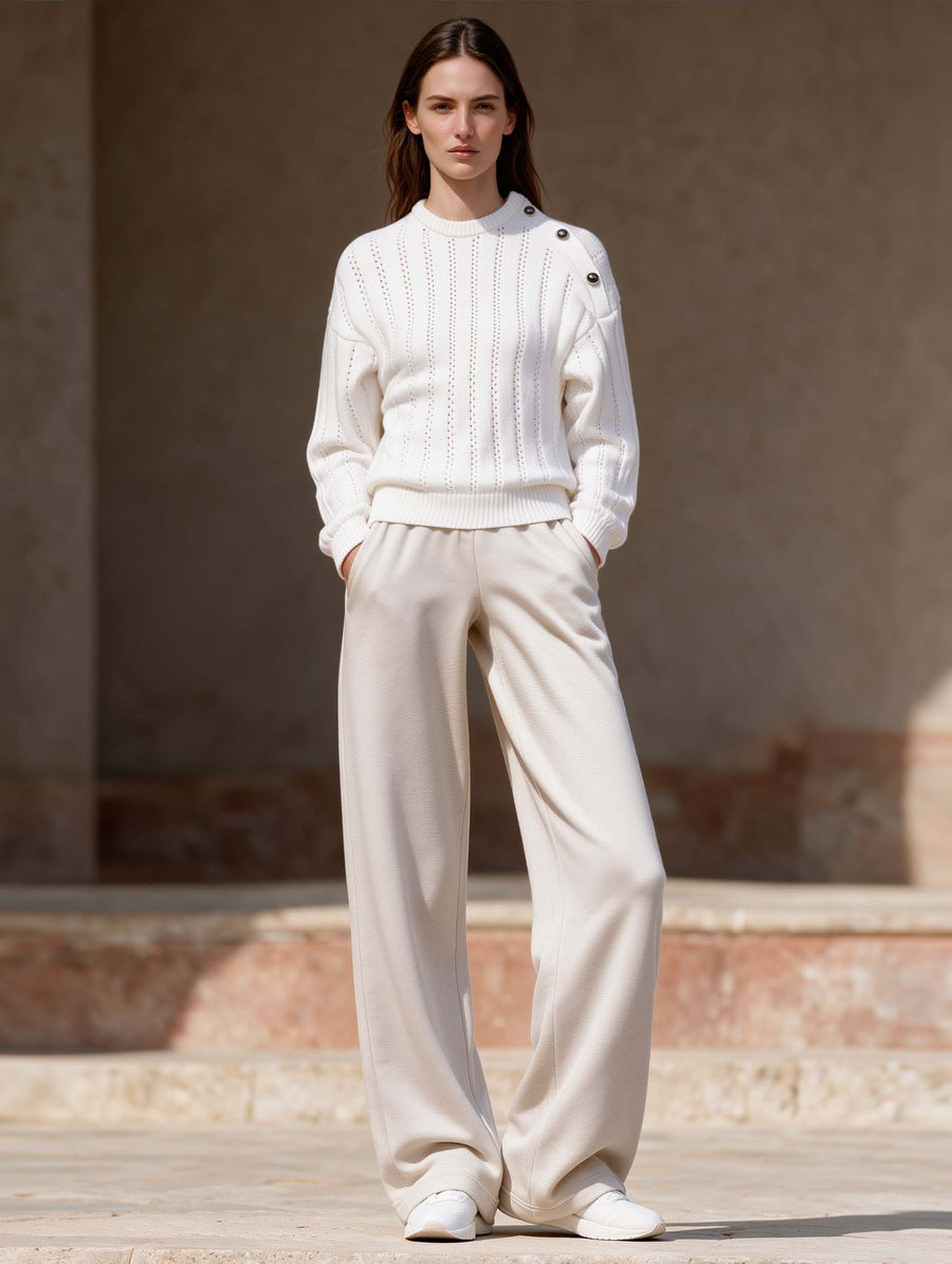 White Crew-neck Long-sleeve Sweater With Side Button Detail And Oatmeal-colored Trousers Set