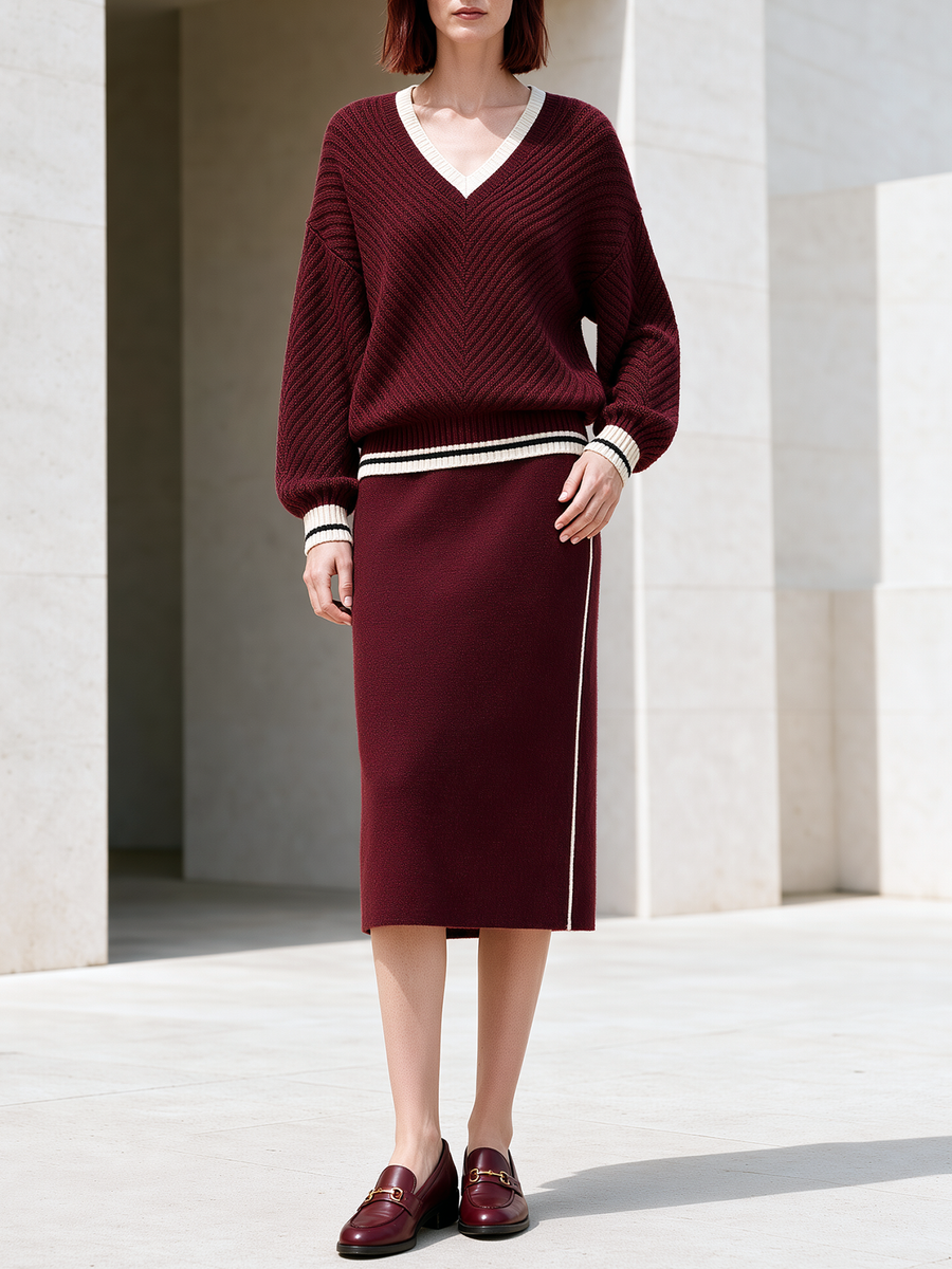 Burgundy Loose-Fit Sweater And Stretchy Knit Skirt Set