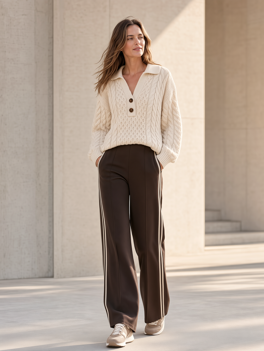 Beige Cable-knit Sweater And Wide-leg Trousers Set