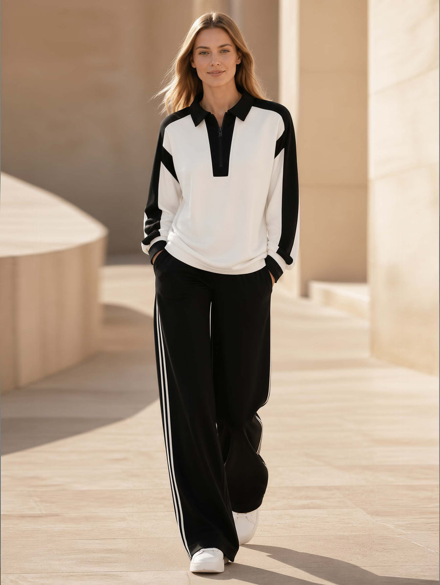 Black And White Color-block Half-zip Long-sleeve Top And Pants Set In A Casual Sporty Style