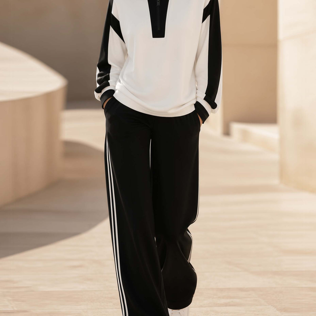Black And White Color-block Half-zip Long-sleeve Top And Pants Set In A Casual Sporty Style